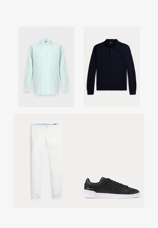 Polo de manga larga azul marino hecho de tela suave, con cuello clásico, tres botones y un pequeño logo de caballo rojo en el pecho.; Camisa de manga larga azul claro con botones, cuello abotonado, botones blancos y dobladillo curvado sobre fondo neutro.; Pantalones chinos de algodón blanco con un corte ajustado, que cuentan con un cierre de un solo botón dorado y una cinturilla interior azul claro. Textura lisa sin estampados.; Zapatilla de cuero baja negra con cordones negros, suela blanca con relieve Polo y firma dorada de Ralph Lauren en el talón.