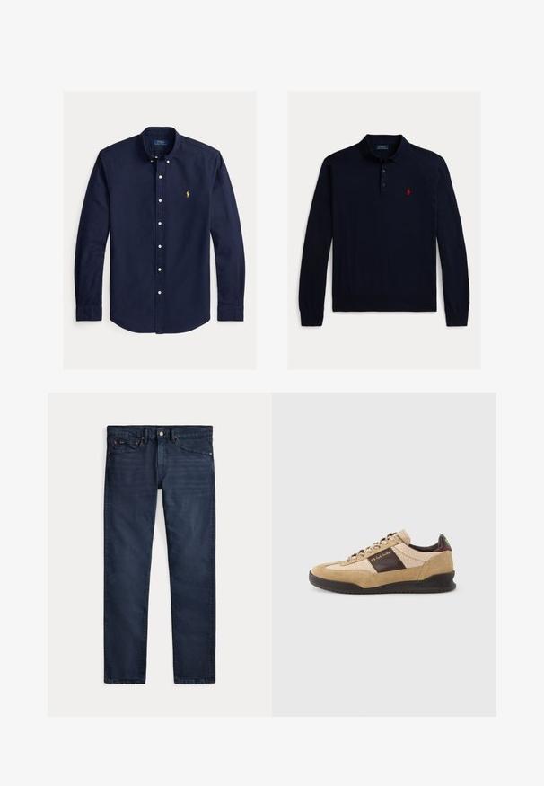 Marineblaues Polohemd mit langen Ärmeln aus weichem Stoff, mit klassischem Kragen, drei Knöpfen und einem kleinen roten Pferdelogo auf der Brust.; Marineblaues langärmliges Hemd mit Knopfleiste, Button-Down-Kragen und kleinem gelben Polo Ralph Lauren Logo auf der linken Brust.; Dunkelblaue Denim-Jeans mit schmaler Passform, vorderem Knopf- und Reißverschluss sowie Fünf-Taschen-Design, flach auf weißem Hintergrund liegend.; Beige Wildleder-Sneaker mit einer strukturierten braunen Partie, kontrastierendem braunem Fersenbereich und mehrfarbigen Schnürsenkeln. Verfügt über eine schwarze Gummisohle und goldene Markenkennzeichnung.