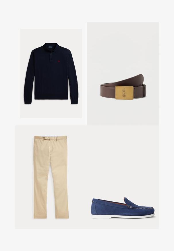 Marineblauw poloshirt met lange mouwen van zachte stof, voorzien van een klassieke kraag, drie knopen en een klein rood paardenlogo op de borst.; Beige broek met rechte pijpen, ceintuurlussen en een voorrits, plat gelegd tegen een witte achtergrond.; Blauwe suède loafer met witte zool en beige stiksels langs de bovenrand, afgebeeld tegen een effen witte achtergrond.; Bruine leren riem met een rechthoekige gouden gesp met daarop een reliëf van een polo-speler te paard die een knuppel vasthoudt.
