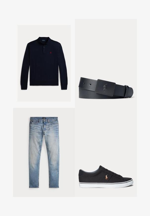 Marineblaues Polohemd mit langen Ärmeln aus weichem Stoff, mit klassischem Kragen, drei Knöpfen und einem kleinen roten Pferdelogo auf der Brust.; Helle blaue Denim-Jeans mit einem ausgewaschenen Finish, Fünf-Taschen-Design und kontrastierenden Nähten. Mit Reißverschluss und Gürtelschlaufen. Gerade geschnitten.; Schwarzer Sneaker mit niedrigem Schaft, weißer Gummisohle und gesticktem braunen Pferdelogo an der Seite.; Schwarzer Ledergürtel mit einer schwarzen, rechteckigen Schnalle mit eingeprägtem Polo-Spieler-Logo.