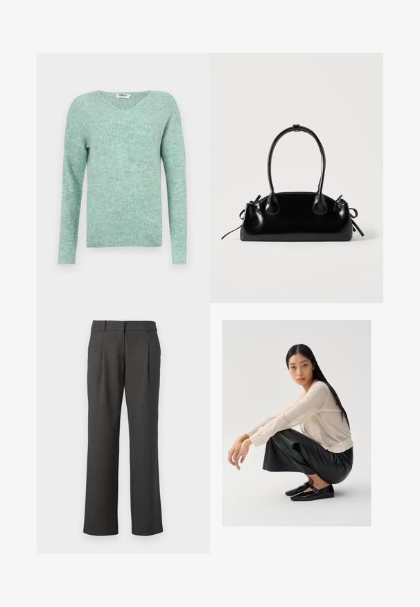 Pull à côtes vert menthe avec décolleté en V, manches longues et texture douce, présentant une coupe décontractée et un design minimaliste.; Pantalons formels gris foncé avec des jambes droites, des passants de ceinture et des plis avant, présentés sur un fond blanc.; Pull léger beige clair en maille transparente avec des manches bouffantes, associé à un pantalon large en cuir noir et des chaussures noires brillantes avec un détail de sangle.; Petit sac à main noir brillant avec deux longues anses et des détails à cordon sur les côtés sur un fond clair uni.