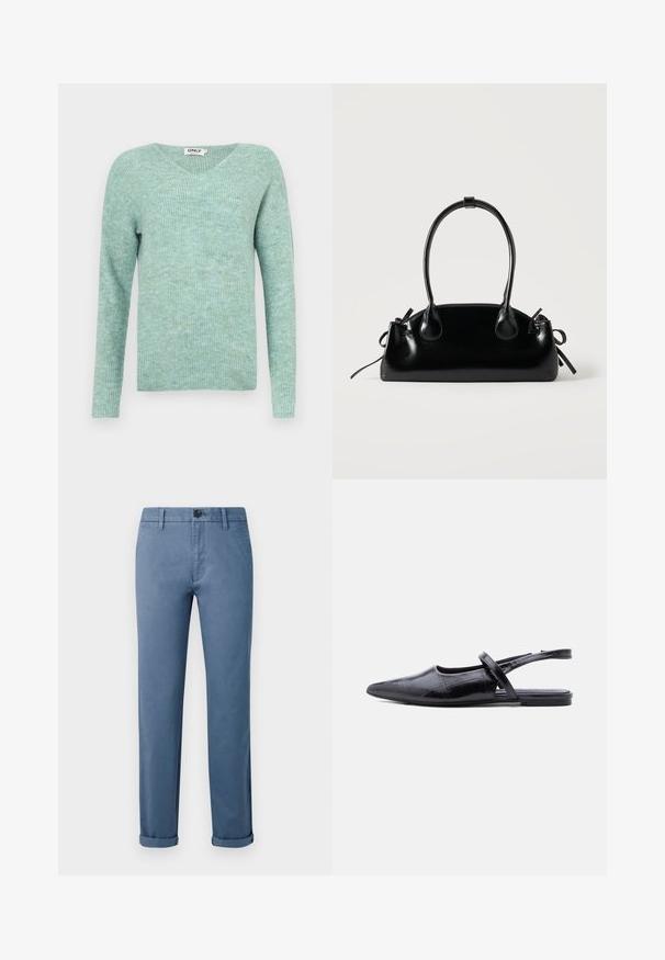 Pull à côtes vert menthe avec décolleté en V, manches longues et texture douce, présentant une coupe décontractée et un design minimaliste.; Pantalons casual bleus avec fermeture à bouton, passants de ceinture, poches latérales et poignets aux chevilles sur fond blanc.; Chaussure plate noire à bout pointu avec bride slingback fine sur le dessus et motif en cuir texturé.; Petit sac à main noir brillant avec deux longues anses et des détails à cordon sur les côtés sur un fond clair uni.