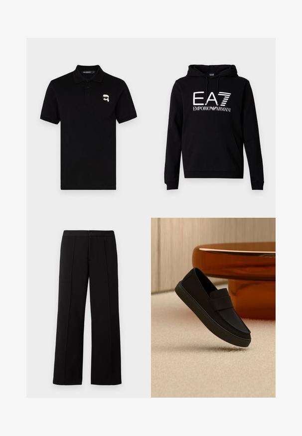 Sweat à capuche noir avec une poche kangourou à l'avant. Présente un texte blanc audacieux "EA7 EMPORIO ARMANI" sur la poitrine. Matière en mélange de coton.; Polo shirt noir en coton avec un col, trois boutons et un petit logo blanc sur la poitrine gauche. Manches courtes et coupe droite.; Lacoste Pantalon classique - black; Mocassin noir à enfiler flottant au-dessus d'un tapis beige avec un meuble rond en bois brun brillant en arrière-plan.