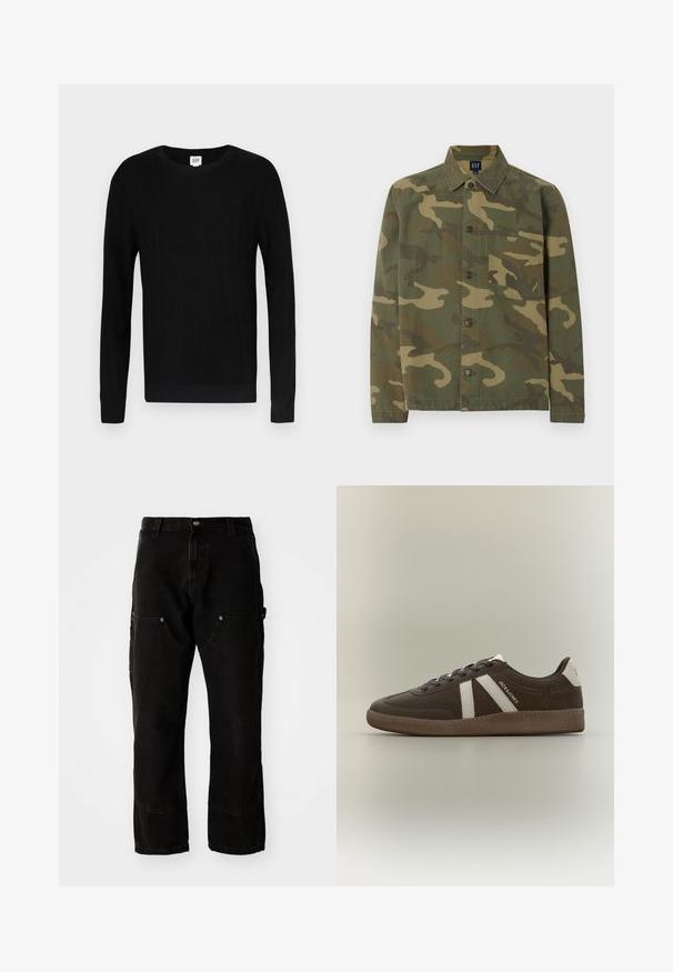 Schwarzer Pullover mit rippenstrukturierter Oberfläche, Rundhalsausschnitt und langen Ärmeln. Mit einfarbigem Design und schmalen Bündchen an Ärmeln und Saum.; Langarm-Hemd mit Knöpfen, grün-braunes Camouflage-Muster und eine Brusttasche, flach auf weißem Hintergrund dargestellt.; Schwarze Denim Cargo-Hosen mit lockerer Passform, ausgestattet mit zwei Vordertaschen, Seitentaschen und sichtbaren Nähdetails.; Brauner Wildleder-Sneaker mit weißen Streifen, weißem Fersen-Patch, Gummisohle und dem Text "JACK & JONES" an der Seite, im Profil auf einfarbigem Hintergrund gezeigt.