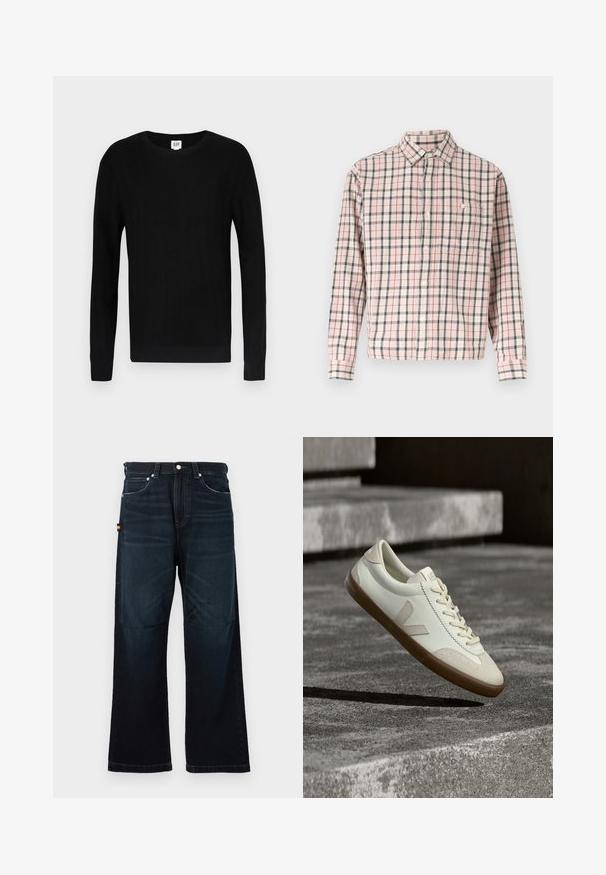 Sort sweater med ribbet tekstur, rund hals og lange ærmer. Har et ensfarvet design og smalle manchetter ved ærmer og talje.; Langærmet skjorte med knapper og tern i lyserød, hvid og grå, med en enkelt brystlomme med knap.; Mørkeblå lige ben jeans med klassisk fem-lomme design, bæltestropper og subtile falmede detaljer foran og på knæene.; Hvide læder sneakers med tanfarvet gummisål, flade snørebånd og V-formet detalje på siden. Har en glat overflade og minimale syninger.