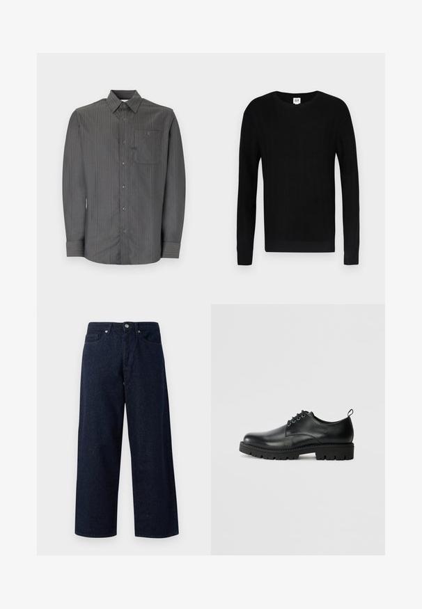 Čierny sveter s rebrovanou textúrou, okrúhlym výstrihom a dlhými rukávmi. Má jednoduchý dizajn a úzke manžety na rukávoch aj v páse.; Šedá pruhovaná košeľa s dlhým rukávom a golierom na gombíky, so vreckom na hrudi, malými gombíkmi a textúrovanou tkaninou.; Tmavomodré riflové nohavice s širokými nohavicami, ktoré majú zapínanie na gombík, predné vrecká a jemnú textúru, s rovnými lemami a voľným strihom.; Čierne kožené topánky s okrúhlou špičkou, so šnurovacím dizajnom, pevným čiernym gumovým podpätkom a malým pútkom na päte.