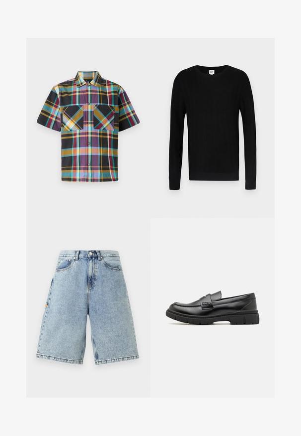 Sort sweater med ribbet tekstur, rund hals og lange ærmer. Har et ensfarvet design og smalle manchetter ved ærmer og talje.; Kortærmet ternet skjorte med en blanding af farver, herunder lilla, sort, gul og teal, med to brystlommer og knaplukning foran.; Blå denim shorts med høj talje, løs pasform, fem lommer og synlige sy-detaljer. Glat tekstur med en lys vaskefinish.; Sort læder loafersko med en bred rem over forfoden, gummisål med tykke mønstre og glat overflade. Klassisk, slankt design.