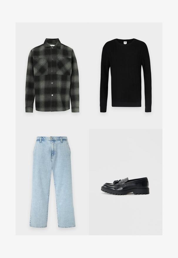 Pull noir avec une texture côtelée, col rond et manches longues. Il présente un design uni et des poignets étroits aux manches et à la taille.; Chemise à carreaux dans des tons de noir et gris, avec une fermeture boutonnée à l'avant, deux poches poitrine et un col. Confectionnée dans un tissu texturé.; Jean en denim bleu clair taille haute à jambes droites avec poches avant, passants pour ceinture, fermeture par bouton et zip.; Mocassins en cuir noir avec une finition brillante, semelle en caoutchouc épaisse et détail de frange décoratif à l'avant.