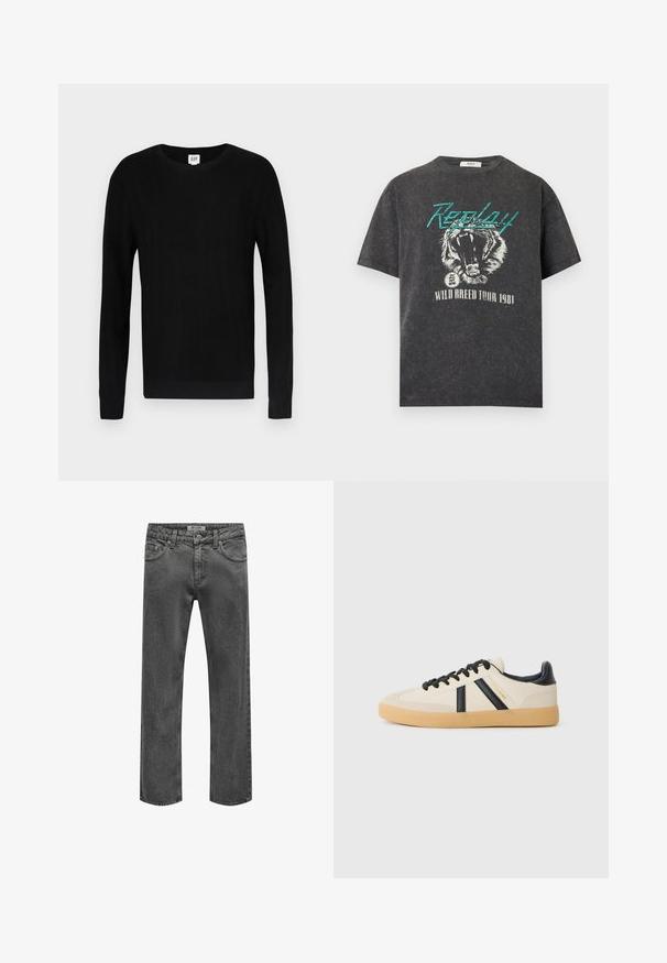 Pull noir avec une texture côtelée, col rond et manches longues. Il présente un design uni et des poignets étroits aux manches et à la taille.; T-shirt noir délavé avec texte "Replay" en sarcelle, motif tigre rugissant et texte blanc "Wild Breed Tour 1981" en dessous.; Jean droit pour homme en denim gris foncé avec fermeture avant à bouton et zip, passants de ceinture et design classique à cinq poches.; Baskets décontractées en crème avec des rayures noires, présentant un dessus texturé et une semelle en caoutchouc. Les lacets sont noirs. Logo discret sur le côté.