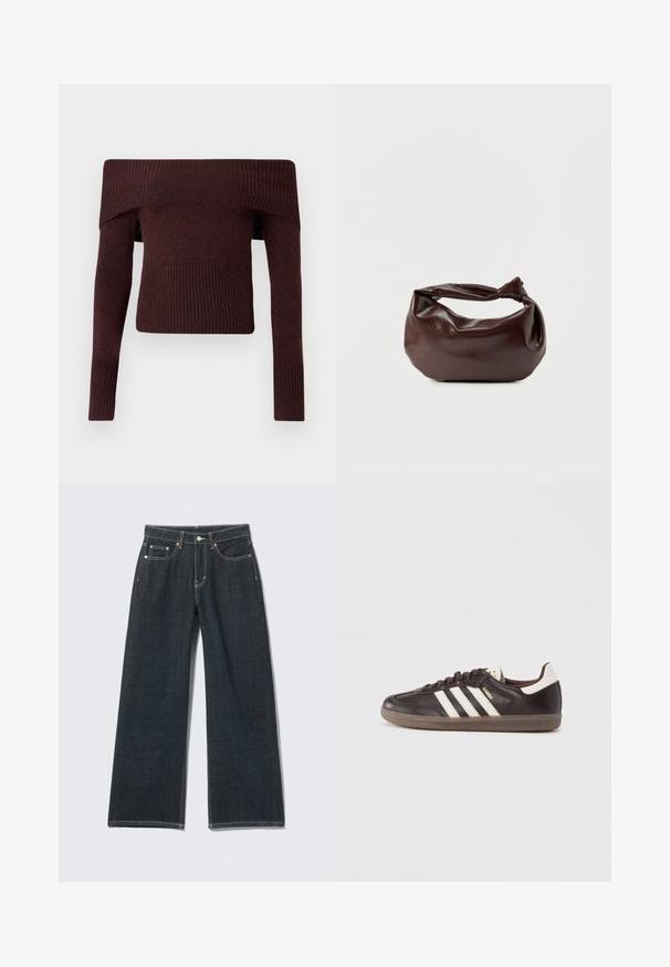 Dunkelbrauner schulterfreier Strickpullover mit langen Ärmeln und gerippten Bündchen und Saum vor schlichtem Hintergrund.; Dunkelblaue Jeans mit weitem Bein, vorn mit Knöpfen, Reißverschluss, Gürtelschlaufen und fünf Taschen, auf hellem einfarbigem Hintergrund.; Dunkelbraune Ledersneaker mit weißem Drei-Streifen-Design, einer Gummisohle und dem Schriftzug "Samba" in goldener Schrift an der Seite. Klassische, niedrige Form.; Dunkelbraune Lederschultertasche mit weicher, lockerer Form und einem gedrehten Knotengriff vor schlichtem weißem Hintergrund.