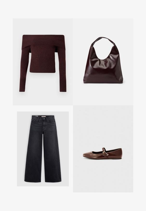 Dunkelbrauner schulterfreier Strickpullover mit langen Ärmeln und gerippten Bündchen und Saum vor schlichtem Hintergrund.; Schwarze Jeans mit weitem Bein aus Denim, mit hoher Taille, fünf Taschen und dezenten Verwaschungen an der Vorderseite.; Braune Lackleder-Ballerinas mit quadratischer Zehenform und Riemen mit einer kleinen goldenen Schnalle. Glatte Textur, niedriger Absatz und minimalistisches Design.; Burgunderfarbene, glänzende tote Bag aus veganem Leder mit einer weichen, skulpturalen Form und einem breiten, geschwungenen Henkel für einfaches Tragen.
