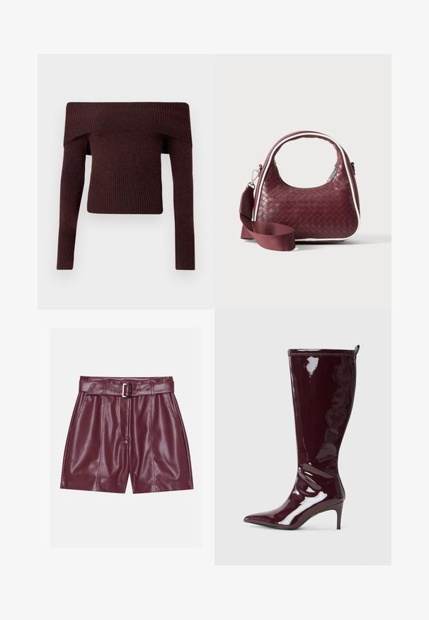 Donkerbruine gebreide trui met blote schouders, lange mouwen en geribde manchetten en zoom tegen een effen achtergrond.; Bordeaux neplederen shorts met een brede tailleband, een riem met een zilveren gesp en voorplooien voor een ontspannen silhouet.; Bordeauxrode kniehoge laarzen van lakleer met een puntige neus en een smalle hak. Gladde textuur; aansluitend ontwerp met een trekband aan de achterkant.; Donkerrode geweven leren handtas met gebogen handvat, witte bies, zilveren rits en afneembare brede stoffen schouderriem tegen een effen achtergrond.