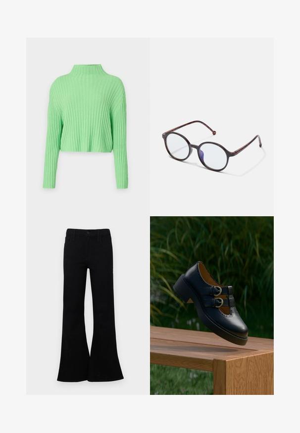 Lysegrøn cropped sweater med høj hals, ribstrikket struktur og lange ærmer. Har en løs pasform og blødt materiale.; Sorte flared jeans lavet af denim, med en knaplukning og en fem-lomme design samt en glat tekstur. Markant flared kant.; Sort læder sko med dobbelt spænde og perforerede detaljer, der svæver over en træbænk udendørs med grøn græs og planter i baggrunden.; Runde skildpaddebrune brilleindramninger med klare linser og en subtil blå lysrefleksion på en hvid baggrund.