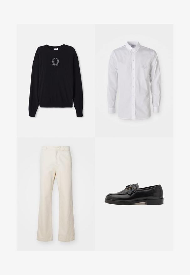 Zwarte trui met ronde hals, lange mouwen en ribgebreide manchetten. Heeft een wit geborduurd krans- en strikdesign op de voorkant.; Witte langemouwen button-up shirt met button-down kraag en subtiele geborduurde logo op de linkerborst.; Beige katoenen broeken met een rechte pijp, voorzien van een ritssluiting en knoopsluiting aan de voorkant, een gladde textuur en een minimalistische stijl.; Zwarte leren instappers met een ronde neus en een decoratieve gesp. Platte, stevige hak en een gladde textuur overal.