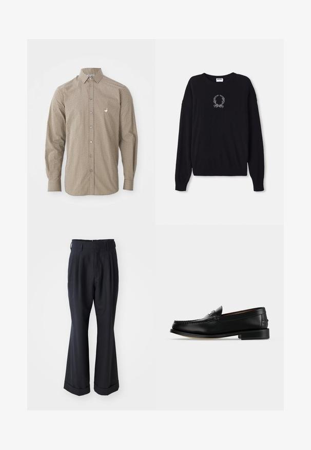 Pull noir à col rond, à manches longues et avec des poignets côtelés. Présente un motif brodé de couronne et de nœud blancs sur le devant.; Chemise à manches longues à carreaux marron et beige avec un col boutonné, une poche et un petit logo brodé sur la poitrine.; Pantalons noirs ajustés avec une coupe décontractée, devant plissé et jambes larges. Caractéristiques d'un ourlet à retournement et d'une texture de tissu lisse.; Mocassin homme en cuir noir avec un petit talon et une couture de style mocassin sur l'avant, vu de côté sur un fond uni.