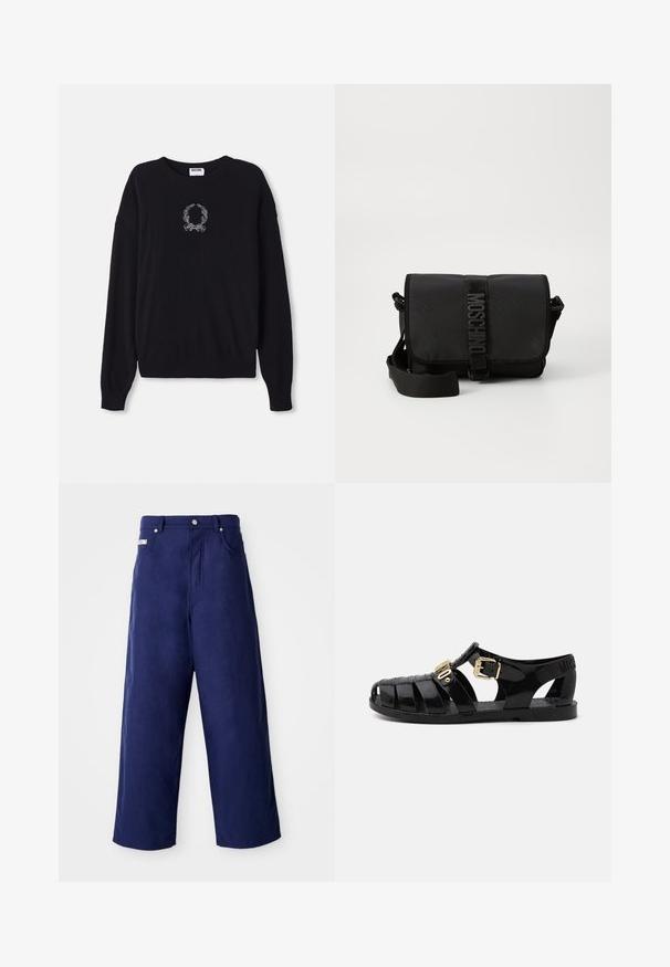 Suéter negro con cuello redondo, mangas largas y puños acanalados. Presenta un diseño de una corona y un lazo bordados en blanco en la parte delantera.; Pantalones de pierna ancha en azul marino, fabricados en una tela suave. Cuentan con un cierre de botón y bolsillos frontales, con un acabado limpio y sin patrones visibles.; Sandalias de goma negras con diseño perforado, que cuentan con un cierre de hebilla dorada y una plantilla texturizada. Logo estampado en el talón.; Bolso cruzado negro de nailon con solapa, que cuenta con un cierre de cinta con logo prominente, correa ajustable y detalles de costura lateral.