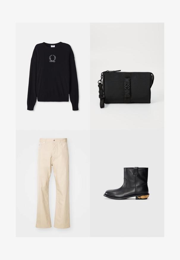 Sort sweater med rund hals, lange ærmer og ribbede manchetter. Har et hvidt broderet krans og sløjfedesign på forsiden.; Beige bukser lavet af bomuld, med en lige ben-edesign, to frontlommer, bæltestropper og metalknaplukning.; Sort læder ankelstøvle med en glat overflade, rund tå og et guldfarvet hvalmotiv på hælen. Minimalistisk design.; Sort nylon clutch taske med et tekstureret logo-patch, en lynlås lukning og en justerbar rem. Kompakt rektangulær form.