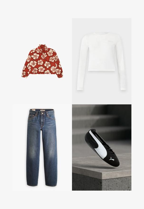 Rød fleecepullover med stort blomstermønster i hvid og mørkerød, halvlynlås krave og lange ærmer.; Hvid langærmet cropped crewneck trøje med subtil prægning af logo på venstre bryst og tætsiddende ærmer.; Mørkeblå denimjeans med en straight-leg design, der har fem lommer, kobbernitter og diskret falmning på lårene.; Sort-hvid Puma sneaker med snørebånd, svævende over en betonkant mod en sløret grå trappebaggrund.