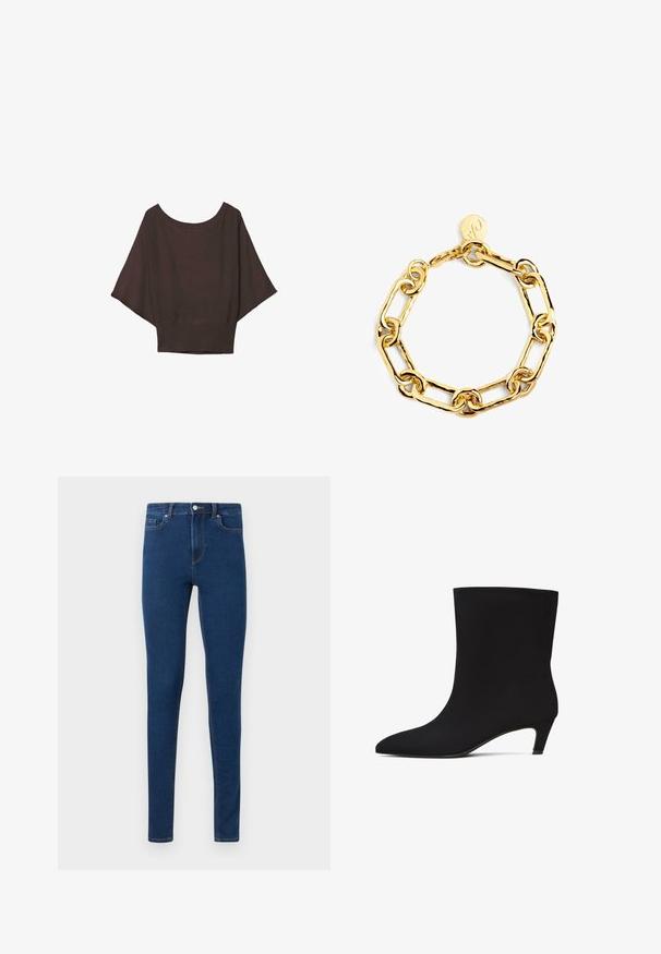 Dunkelbraunes, weitärmeliges, locker sitzendes Strickoberteil mit weitem Rundhalsausschnitt und tailliertem Bund.; Dunkelblaue Skinny-Jeans mit vorderen Knöpfen, Reißverschluss und Fünf-Taschen-Design, präsentiert vor einem schlichten hellen Hintergrund.; Schwarze Knöchelschuh mit glatter, eleganter Textur, spitzem Zehenbereich und niedrigem Kittenheel. Nahtloses Design ohne sichtbare Beschläge oder Muster.; Goldene Kettenarmband mit ineinandergreifenden ovalen und rechteckigen Gliedern mit einer polierten Oberfläche. Beinhaltet einen kleinen runden Anhänger.