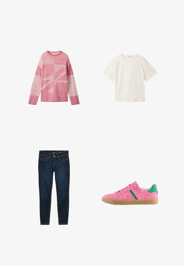 Pull en tricot rose avec un motif géométrique aux teintes variées, texture côtelée, encolure ronde et manches longues.; TOM TAILOR DENIM T-shirt basique - gardenia white; Jean en denim bleu foncé avec une coupe ajustée, présentant des coutures orange, cinq poches et une fermeture à bouton à la taille.; Baskets en suede rose avec accent vert au talon et rayures. Présente un bout rond, un devant à lacets et une semelle en caoutchouc gomme. Détails perforés sur les côtés.