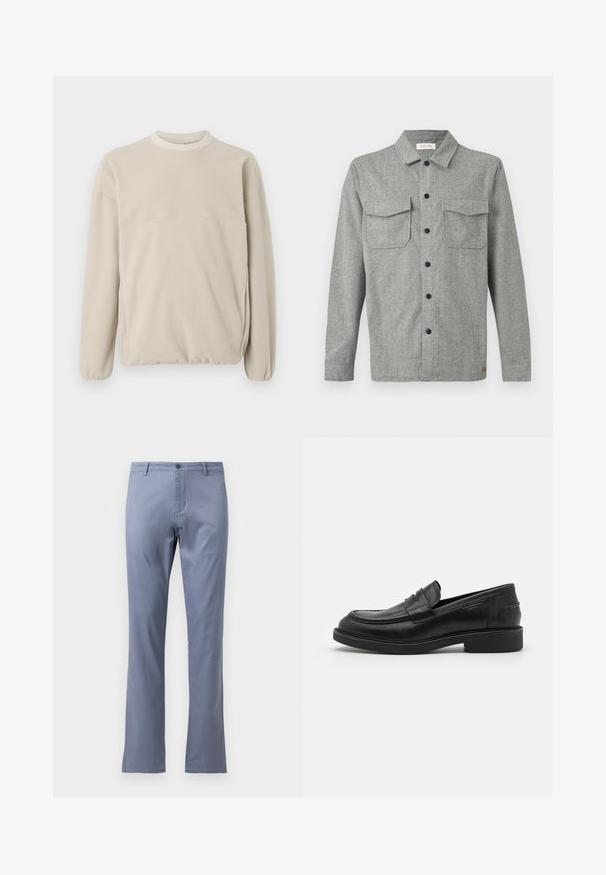 Helebeež värvi flanellist sviiter, millel on ümmargune kaelus, elastsed mansetid ja eesmine tasku. Pehme tekstuur, mugav lõige ja minimalistlik disain.; Hall hallimustriga pika varrukaga särkjakk mustade nööpidega, kahe esiklapiga taskuga ja väikese brändimärgiga ääre lähedal.; Heled sinised puuvillased püksid otsekärpimisega, lamedate esipindadega, vöörihmadega ja ühe nööp sulgemisega taljes. Ilma nähtavate mustriteta.; Mustad mustad nahast kingad ümarate varvastega, toonitud tikandiga ja rihma detailiga ees. Kummist kontsaga madal talla.
