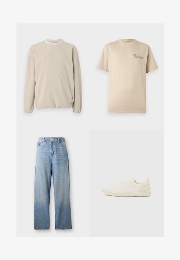 Vaaleanbeige fleece-pusero, jossa on pyöreä kaulus, joustavat hihansuut ja etutasku. Pehmeä rakenne, rento istuvuus ja minimalistische muotoilu.; Beigen värinen, lyhythihainen, pyöreäkauluksinen T-paita, jossa on vasemmassa rinnassa pieni vihreä teksti "PURE ZEST" ja sitrushedelmiin inspiroiva lainaus.; Vaaleansiniset farkut suoran leikkauksen, korkealla vyötäröllä ja kuluneella pinnalla. Varustettu etutaskuilla ja nappisulkimella.; ALDO THEPITCH - Matalavartiset tennarit - white