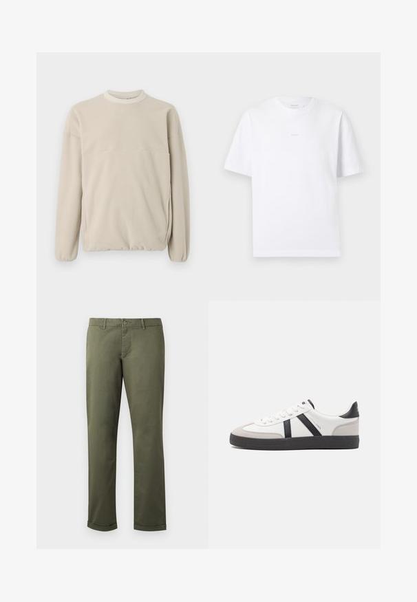Sweatshirt en polaire beige clair avec un col rond, des poignets élastiques et une poche frontale. Texture douce, coupe décontractée et design minimaliste.; T-shirt blanc uni à manches courtes et col rond avec un petit logo discret centré sur la poitrine, présenté sur un fond blanc.; Pantalons en coton vert olive avec une coupe droite, ourlets retroussés, poches avant et fermeture à bouton. Texture lisse avec des détails de couture subtils.; Baskets blanches avec des accents noirs et gris, présentant un embout texturé gris, une semelle en caoutchouc noir et des lacets plats blancs. Design épuré, style minimaliste.