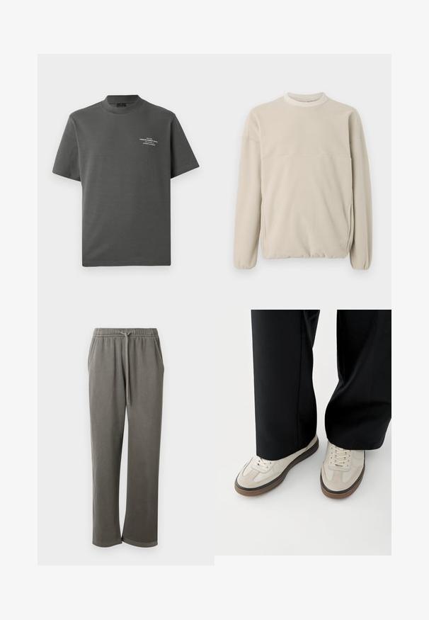 Hellbeige Fleece-Sweatshirt mit Rundhalsausschnitt, elastischen Bündchen und einer Fronttasche. Weicher Stoff, lockere Passform und minimalistisches Design.; Jack & Jones PREMIUM Printed - T-Shirt print - volcanic ash; Graue Baumwoll-Sweatpants mit elastischem Bund und Kordelzug, seitlichen Taschen und einer lockeren Passform über die Beine.; Füße mit beigen Sneakers mit braunen Sohlen und schwarzen Hosen mit weitem Bein auf weißem Hintergrund.