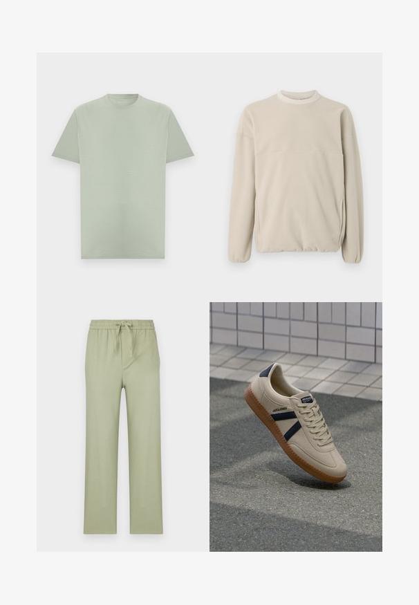 Sweatshirt en polaire beige clair avec un col rond, des poignets élastiques et une poche frontale. Texture douce, coupe décontractée et design minimaliste.; T-shirt vert clair à manches courtes et col rond avec une texture subtile de rayures horizontales, présenté sur un fond neutre.; Pantalons en vert olive clair, fabriqués en tissu doux. Dotés d'une taille élastique avec cordon de serrage et de jambes droites à coupe ample.; Baskets beiges avec une finition texturée, bandes navy et semelle en caoutchouc. Équipées d'une languette rembourrée et d'un système de laçage traditionnel pour un maintien sécurisé.