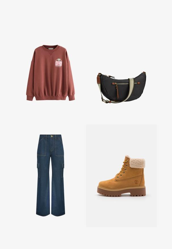 Rustfarvet sweatshirt i blødt stof med V-hals, sænkede skuldre og et festligt grafik med en sløjfe og tekst foran.; Bredde ben cargo-bukser i mørkeblå denim med to sidelommer, frontlommer og gule syninger. Tekstureret, robust stof.; Tan ruskindsstøvle med en kunstig pelskrave, gyldne øjer og en kontrasterende gummisål. Har et logo på siden og struktureret sål.; Sort nylon skuldertaske med en buet form, brune læderdetaljer, frontlomme med lynlås og en stribet justerbar strop.