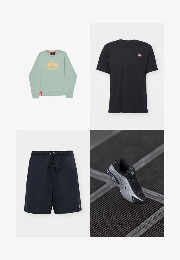 Lichtgroene trui met ronde hals en lange mouwen, een geel Alpha Industries-logo en tekst op de borst, en een rood label dichtbij de zoom.; Zwart T-shirt met korte mouwen en ronde hals, met een klein kleurrijk Dickies-logo op de linkerborst tegen een effen achtergrond.; Marineblauwe katoenen shorts met een elastische tailleband en verstelbare koord. Voorzien van zijzakken en een klein logo op de zoom.; Nike sportieve schoen met een zwart en zilver ontwerp. Gemaakt van synthetisch materiaal met gaasaccenten en een ondersteunende zool met zichtbare luchtvering.