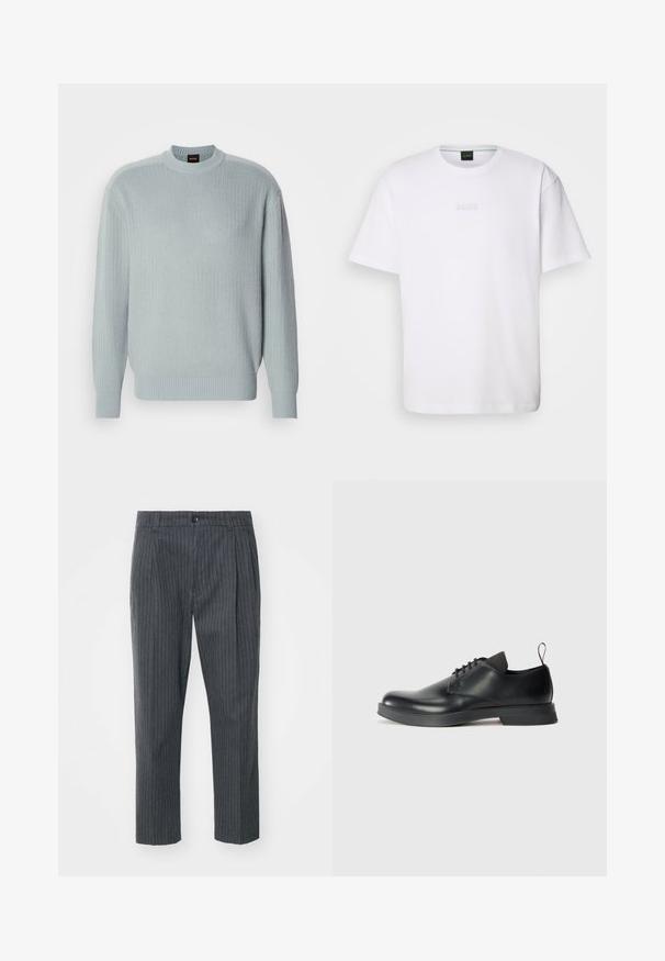 Pull en tricot côtelé bleu clair avec un col montant, des manches longues, et des bords côtelés au niveau des poignets et de l'ourlet. Présente un logo sur le côté intérieur du col.; T-shirt en coton blanc à manches courtes, col rond, avec un logo « BOSS » en relief sur la poitrine. Texture lisse, coupe standard.; Pantalons gris à rayures avec une coupe droite, dotés d'une fermeture à bouton et d'une texture de tissu lisse. Coupe ajustée avec des plis.; Chaussure noire en cuir à lacets avec une finition lisse, un bout rond et un design minimaliste. Comprend un tirant contrastant subtil et une semelle en caoutchouc.