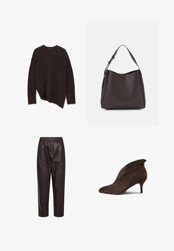 Pull en tricot pelucheux marron foncé avec col rond, ourlet asymétrique et manches longues, posé à plat sur un fond blanc.; Pantalons en cuir marron avec une coupe droite, un devant plissé et une texture subtile. Comprend des passants de ceinture et une braguette zippée.; Bottines en daim marron avec un bout pointu, un talon effilé et une coupe asymétrique à l'avant. Elles présentent une texture lisse et un subtil éclat.; Vero Moda VMLANE - Cabas - chocolate torte