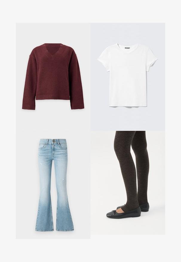 Bordeauxrode trui met lange mouwen en V-hals, met geribde manchetten en zoom, afgebeeld tegen een effen lichtgrijze achtergrond.; Effen wit T-shirt met korte mouwen en V-hals, met een klein "WEEKDAY" label aan de binnenkant van de kraag, getoond op een lichtgrijze achtergrond.; Lichtblauwe denim flared jeans met een hoge taille, met subtiele slijtage, een sluiting met twee knopen en een klassiek vijf-pocket ontwerp.; Benen met donkere geribbelde leggings gecombineerd met zwarte ballerina's met kleine strikdetails op een witte achtergrond.
