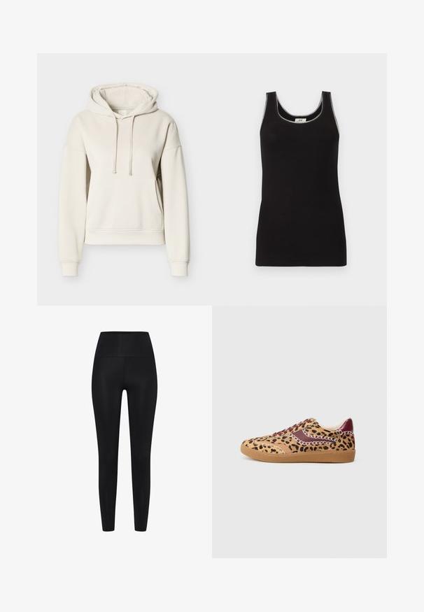 Cremefarbener Baumwoll-Kapuzenpullover mit Kordelzug, Fronttasche, gerippten Bündchen und Saum. Bietet eine lockere Passform und eine glatte Textur.; Schwarzes, geripptes ärmelloses Tanktop mit Rundhalsausschnitt, vor einem einfarbigen hellgrauen Hintergrund dargestellt.; Schwarze Leggings aus dehnbarem Stoff. Hohe Taillenhöhe, glatte Textur, körpernahe Silhouette, keine sichtbaren Muster oder Verzierungen.; Leopardenmuster Sneaker mit beigem Grundton, kastanienbraunen Akzenten und burgunderfarbenen Schnürsenkeln. Verfügt über strukturierte Materialien und eine Gummisohle.