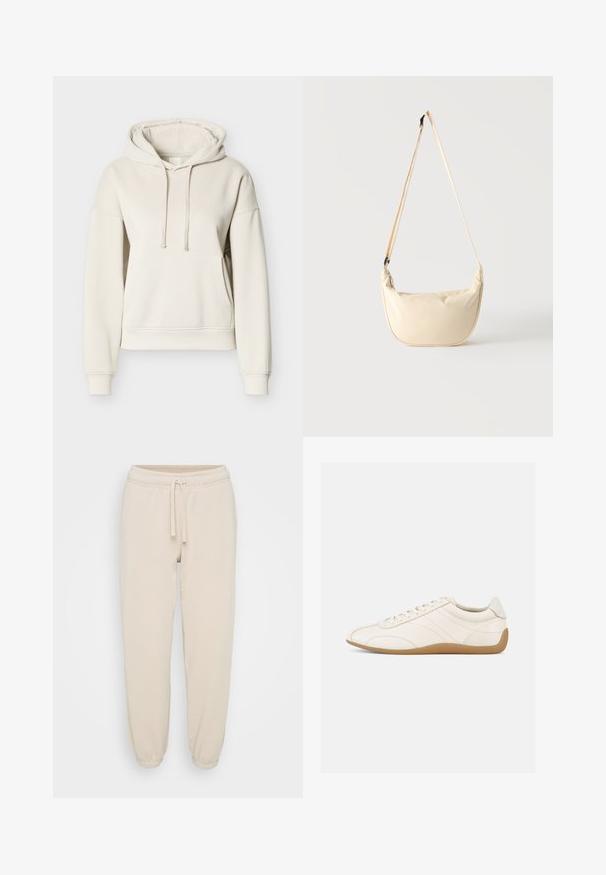Cremefarvet bomulds-hoodie med snøre i hætten, forlommer, ribstrikkede manchetter og kant. Har en løs pasform og glat tekstur.; Beige bomuldssweatpants med elastisk talje, snoretræk og elastiske manchetter, præsenteret på en neutral hvid baggrund.; Hvid lædersneaker med en glat tekstur, rund tå og tonale syninger. Har en tanfarvet gummisål og snørebånds-lukning.; Beige skuldertaske i halvmåneform med en lang justerbar rem, der hænger mod en ensfarvet lys baggrund.