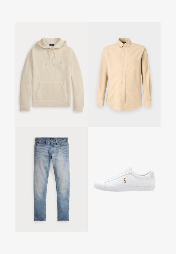 Cremefarbener gestrickter Hoodie mit Fronttasche, Kordelzug an der Kapuze, gerippten Bündchen und Saum sowie einem kleinen aufgestickten Logo auf der Brust.; Beiges langärmeliges Hemd mit Knopfleiste und Kragen, mit kleinem weißem Sticklogo auf der linken Brust.; Helle blaue Denim-Jeans mit einem ausgewaschenen Finish, Fünf-Taschen-Design und kontrastierenden Nähten. Mit Reißverschluss und Gürtelschlaufen. Gerade geschnitten.; Weiße Leinensneaker im Low-Top-Design mit einem beigen Ferseneinsatz und einem kleinen gestickten Logo an der Seite. Gummisohle.