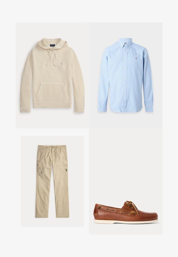 Sudadera con capucha de punto color crema con bolsillo delantero, capucha con cordón, puños y dobladillo acanalados y un pequeño logo bordado en el pecho.; Camisa de manga larga a cuadros en azul claro y blanco, con cuello abotonado y pequeño logo bordado en el pecho.; Pantalones de algodón beige con gráficos bordados, incluyendo árboles y montañas, con cierre de botón y presillas para cinturón.; Zapato náutico de cuero marrón con suela blanca, cordones atados en la parte superior y ojales metálicos a lo largo de los lados y la costura delantera.