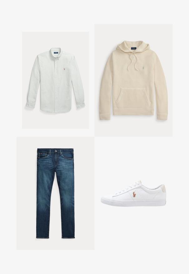 Κρεμ πλεκτό hoodie με μπροστινή τσέπη, κουκούλα με κορδόνι, ριμπ μανσέτες και τελείωμα, και ένα μικρό κεντημένο λογότυπο στο στήθος.; Πουκάμισο με κουμπιά, βαμβακερό, με ανοιχτοπράσινες και λευκές ρίγες, που διαθέτει κλασικό γιακά και μικρό κεντημένο λογότυπο στο στήθος.; Σκούρο μπλε τζιν slim-fit με κουμπί και φερμουάρ στο μπροστινό μέρος, πέντε τσέπες και διακριτική ξεθώριαση στα μπροστινά μπούτια και γόνατα.; Λευκό καμβά παπούτσι με χαμηλό σχέδιο, με χαρακτηριστική μπεζ ταμπέλα στη φτέρνα και ένα μικρό κεντημένο λογότυπο στο πλάι. Ελαστική σόλα.
