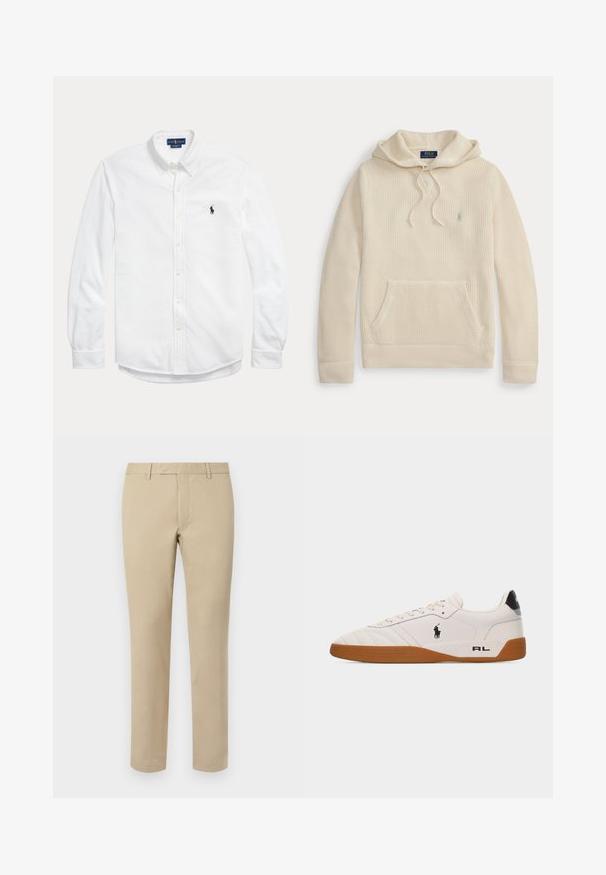 Sweat à capuche tricoté couleur crème avec poche avant, capuche à cordon, poignets et ourlet côtelés et un petit logo brodé sur la poitrine.; Chemise blanche à manches longues avec boutons, col boutonné et petit logo Polo Ralph Lauren foncé sur la poitrine gauche.; Pantalon en coton beige avec une coupe droite, doté de passants de ceinture, d'un devant plat et de ourlets soignés. Texture lisse et détails minimaux.; Baskets basses blanches avec semelle en caoutchouc marron, logo Polo Ralph Lauren noir sur le côté, et texte "RL" sur la partie du talon.
