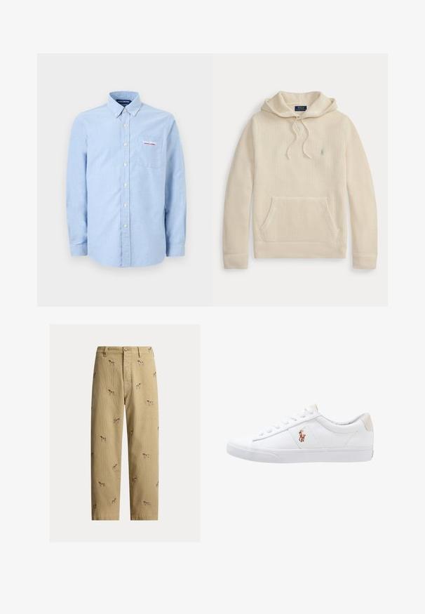 Sweat à capuche tricoté couleur crème avec poche avant, capuche à cordon, poignets et ourlet côtelés et un petit logo brodé sur la poitrine.; Chemise bleu clair à manches longues avec col à boutons, poche avant et broderie du logo "Polo Sport Ralph Lauren" sur la poche.; Pantalon en velours côtelé beige avec motifs brodés de chiens, coupe droite, cinq poches et fermeture à bouton devant.; Baskets en toile blanches avec un design basse, présentant un onglet de talon beige et un petit logo brodé sur le côté. Semelle en caoutchouc.
