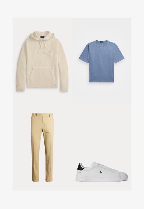 Cremefarbener gestrickter Hoodie mit Fronttasche, Kordelzug an der Kapuze, gerippten Bündchen und Saum sowie einem kleinen aufgestickten Logo auf der Brust.; Blaues Baumwoll-T-Shirt mit kurzen Ärmeln, Rundhalsausschnitt und einem weißen bestickten Logo auf der linken Brust. Glatte Textur, lässiges Design.; Beige Hose mit geradem Bein, Gürtelschlaufen, vorderem Reißverschluss und umgeschlagenen Säumen, vor einem schlichten hellen Hintergrund gezeigt.; Weißer Sneaker mit niedrigem Schaft, schwarzem Fersenlasche, Schnürsenkeln und Polo Ralph Lauren Logo an der Seite, mit geprägten Sohlen-Details.