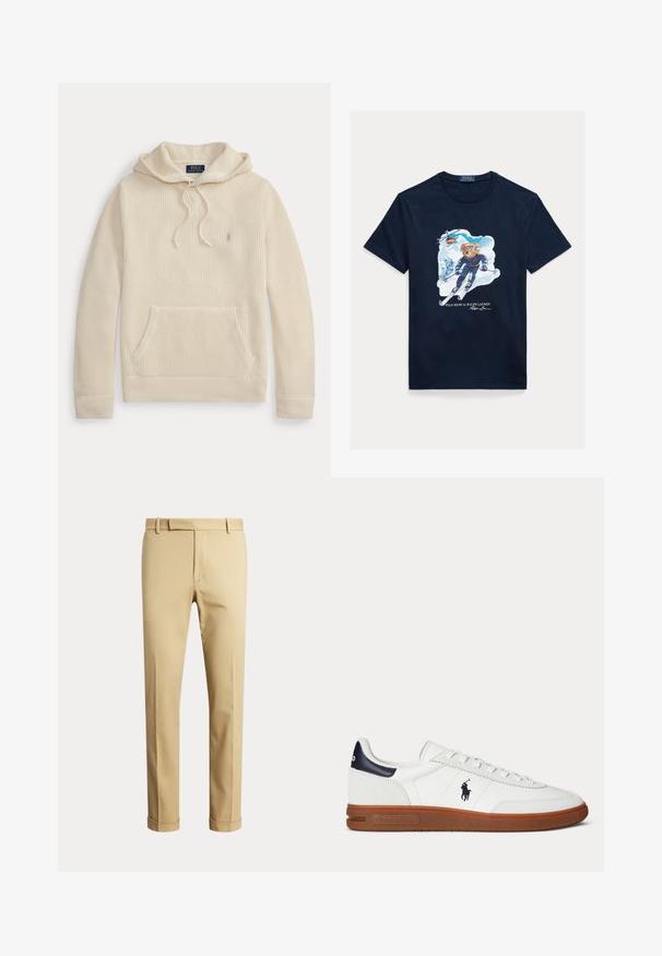 Cremefarbener gestrickter Hoodie mit Fronttasche, Kordelzug an der Kapuze, gerippten Bündchen und Saum sowie einem kleinen aufgestickten Logo auf der Brust.; Marineblaue Baumwoll-T-Shirt mit einem Grafikdruck eines Bären beim Skifahren, der eine Schutzbrille trägt, mit einem Hubschrauber darüber und verschneiten Bergen im Hintergrund.; Beige Herren-Anzughose mit Gürtelschlaufen und gekrempelten Säumen, vor einem schlichten hellen Hintergrund präsentiert.; Weißer Sneaker mit niedrigem Schaft, brauner Sohle, schwarzem Fersenpatch, besticktem Polo-Spieler-Logo und weißen Schnürsenkeln.