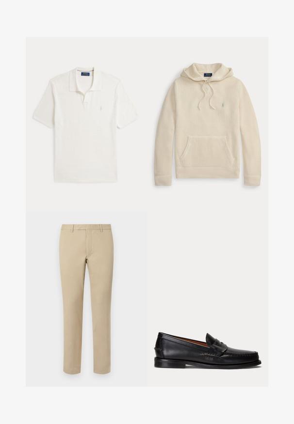 Sudadera con capucha de punto color crema con bolsillo delantero, capucha con cordón, puños y dobladillo acanalados y un pequeño logo bordado en el pecho.; Polo blanco de manga corta con cuello y pequeño logo bordado en el pecho izquierdo, etiqueta de la marca en el interior del cuello.; Pantalones de algodón beige con corte recto, que cuentan con presillas para cinturón, frente plano y dobladillos ajustados. Textura suave y detalles mínimos.; Mocasín negro de cuero con tacón bajo y detalle de correa para moneda, mostrado de lado sobre un fondo gris claro.