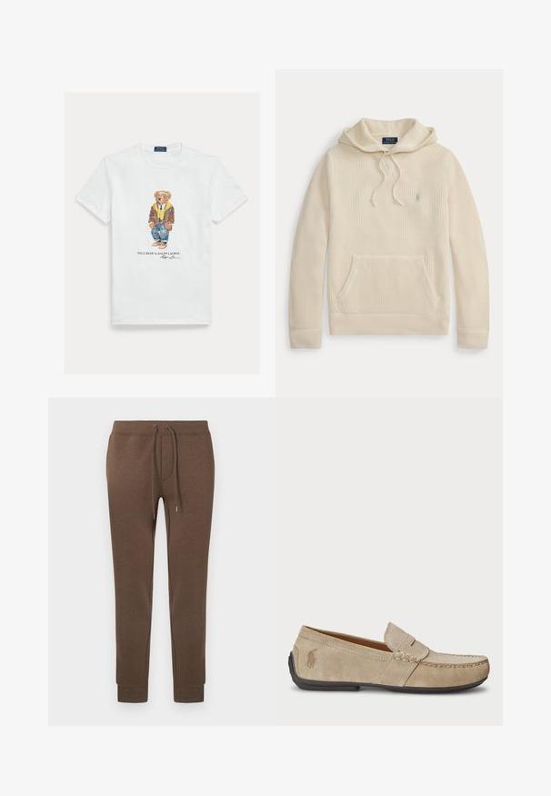 Κρεμ πλεκτό hoodie με μπροστινή τσέπη, κουκούλα με κορδόνι, ριμπ μανσέτες και τελείωμα, και ένα μικρό κεντημένο λογότυπο στο στήθος.; Λευκό βαμβακερό T-shirt με εικόνα ενός ντυμένου καρτούν αρκούδου. Σημαντικές λεπτομέρειες περιλαμβάνουν ένα καφέ σακάκι, μια κίτρινη κουκούλα και μπλε τζιν.; Καφέ φόρμα σε απαλό, ελαστικό ύφασμα με ελαστική μέση, κορδόνι και ριμπ μανσέτες. Μικρό λογότυπο στο πάνω αριστερό μέρος.; Μπεζ σουέτ μοκασίνια με ραμμένο σχέδιο, επίπεδη καουτσούκ σόλα και μικρό λογότυπο στο πλάι. Κλασικός σχεδιασμός που φοριέται εύκολα, μαλακή υφή.