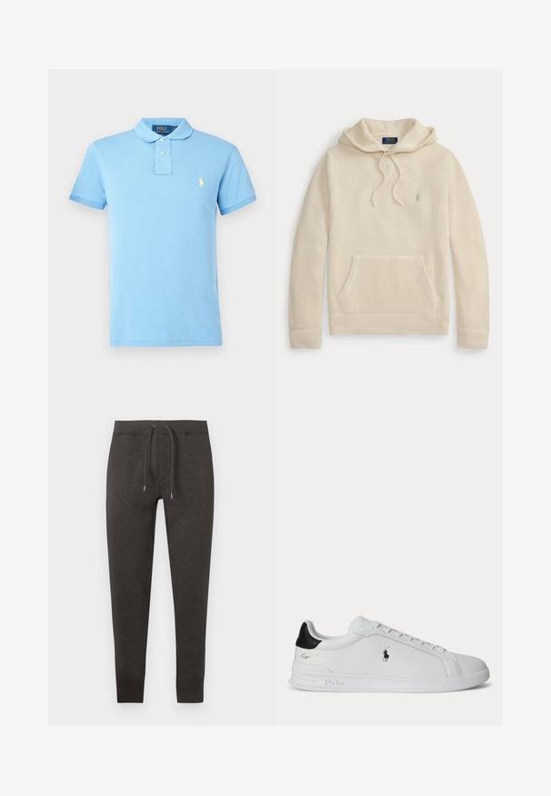 Κρεμ πλεκτό hoodie με μπροστινή τσέπη, κουκούλα με κορδόνι, ριμπ μανσέτες και τελείωμα, και ένα μικρό κεντημένο λογότυπο στο στήθος.; Ανοιχτό μπλε πόλο πουκάμισο από βαμβάκι, με κλασικό γιακά, κοντά μανίκια, κούμπωμα με τρία κουμπιά και κεντημένο λογότυπο στο στήθος.; Σκούρα γκρι φόρμα από μαλακό ύφασμα, με ελαστική μέση και κορδόνι, στενές στα κάτω άκρα και με μανσέτες στους αστραγάλους.; Λευκό sneaker χαμηλού τύπου με μαύρη φτέρνα, κορδόνια και το λογότυπο Polo Ralph Lauren στο πλάι, με ανάγλυφες λεπτομέρειες στη σόλα.