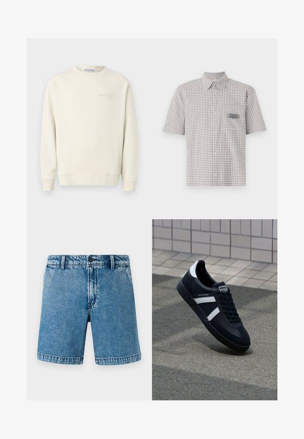 Replay LOGO CREW NECK - Sweatshirt - natural rope; Kurzarmhemd mit Kragen im grau-weißen Karomuster. Verfügt über eine Brusttasche mit einem kontrastierenden Grafikdesign.; Denim-Shorts in Hellblau mit lässiger Passform. Verfügt über das standardmäßige Fünf-Taschen-Design, einen Knopfverschluss und gesäumte Kanten mit subtiler Ausbleichung.; Schwarze Leder-Sneaker mit weißen Streifen, strukturiertem Gummisohle und Schnürung. Verfügt über ein Markenetikett auf der Zunge.