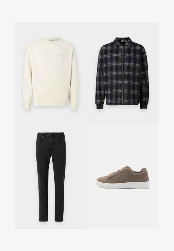Replay LOGO CREW NECK - Sweatshirt - natural rope; Schwarz-graue karierte Jacke mit Reißverschluss vorne, Kragen und elastischen Manschetten. Hergestellt aus einem weichen, strukturierten Stoff. Lässiges Design.; Schwarze Denim-Jeans mit schmaler Passform, klassischem Fünf-Taschen-Design und minimalen Nähten. Glatte Textur, normaler Bund.; Braune Wildledersneaker mit flachen weißen Gummisohlen, Schnürdesign, abgerundete Zehen und einer glatten Textur. Minimalistischer Stil mit dezenten Nähdetails.