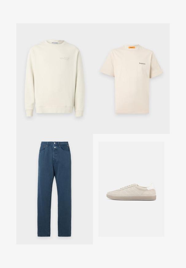 Replay LOGO CREW NECK - Sudadera - natural rope; Replay Inc. ESSENTIAL LOGO UNISEX - Camiseta básica - ivory; Jeans azules de corte recto, con una cintura alta, dos bolsillos frontales y cierre de botón. La tela parece suave y sin adornos.; Zapatilla beige de ante con parte superior texturizada, contrafuerte de talón blanco liso, cordones finos y suela de goma. Presenta un diseño de perfil bajo.