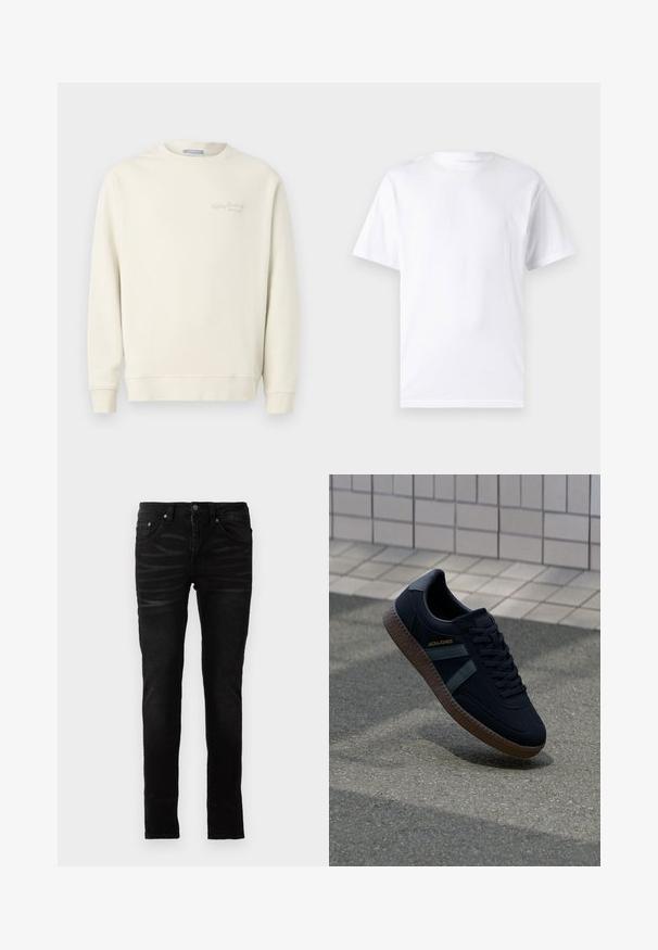 Replay LOGO CREW NECK - Sudadera - natural rope; Camiseta blanca de manga corta hecha de algodón con cuello redondo, que presenta una textura suave y un diseño simple sin patrones ni acentos.; Jeans negros ajustados con una textura de denim suave, diseño tradicional de cinco bolsillos, cierre con cremallera y detalles de desvanecimiento sutil en la tela.; Zapatilla negra con superficie texturizada, franjas verde oscuro y suela de goma marrón. Presenta cordones y una marca en el lateral.